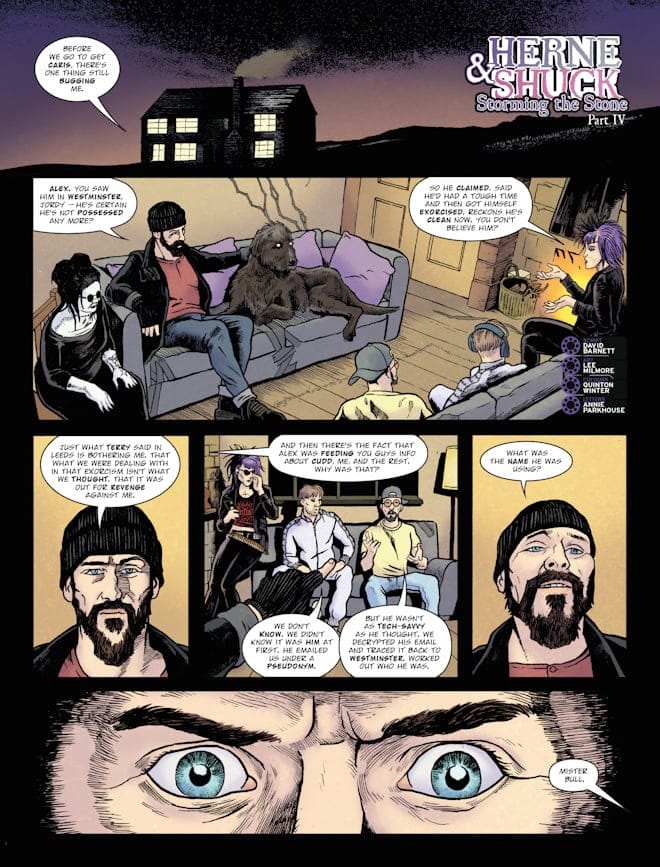 A comic page featuring several characters discussing a mysterious situation. The characters are seated in a living room, with one person looking intensely at another, indicating tension. A large dog sits in the background, and there is a house depicted outside the window. The color palette is dark with a night sky.