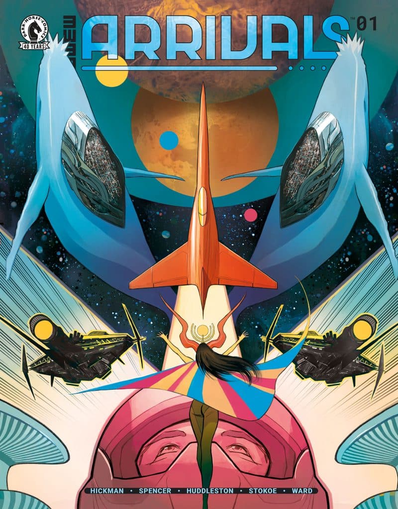 Cover art for the comic book 'Arrivals' featuring a colorful, cosmic scene with spaceships, a central figure with flowing garments, and a vibrant background of planets and stars.