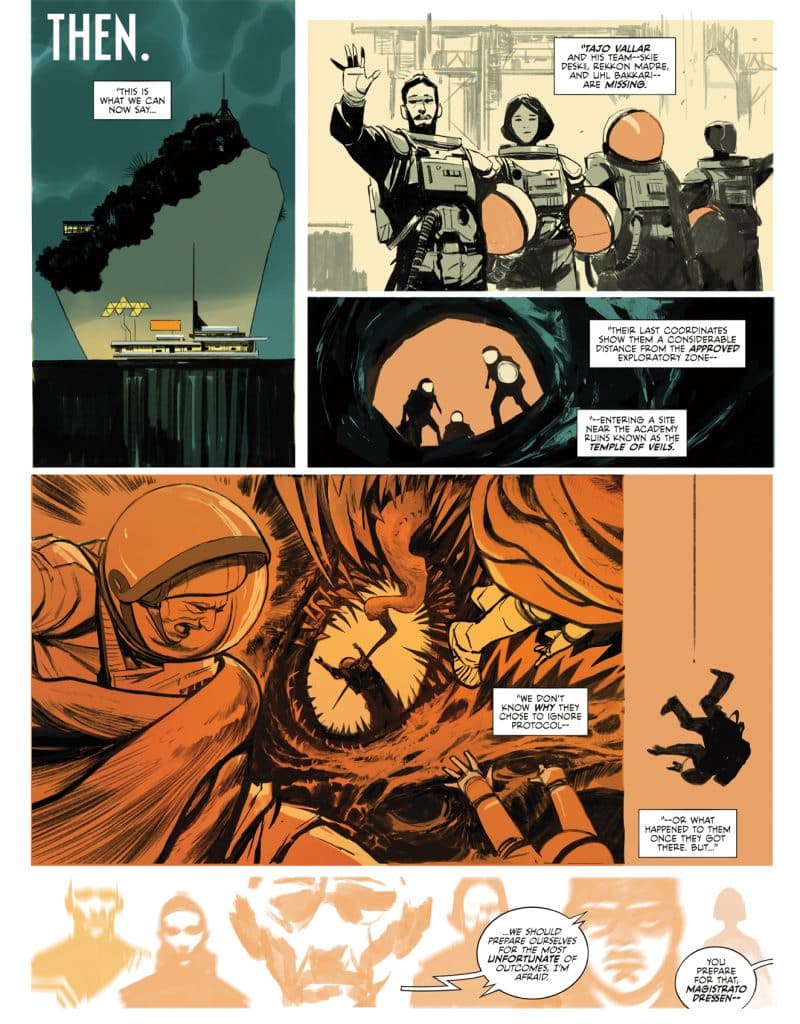 A comic book page featuring a narrative about missing characters Tajo Vallar and his team, illustrated with scenes of exploration and danger. The first panel shows a distant ship, followed by characters in space suits. The central panel depicts a cave entrance with figures silhouetted inside, and the last panel includes characters discussing ominous consequences.