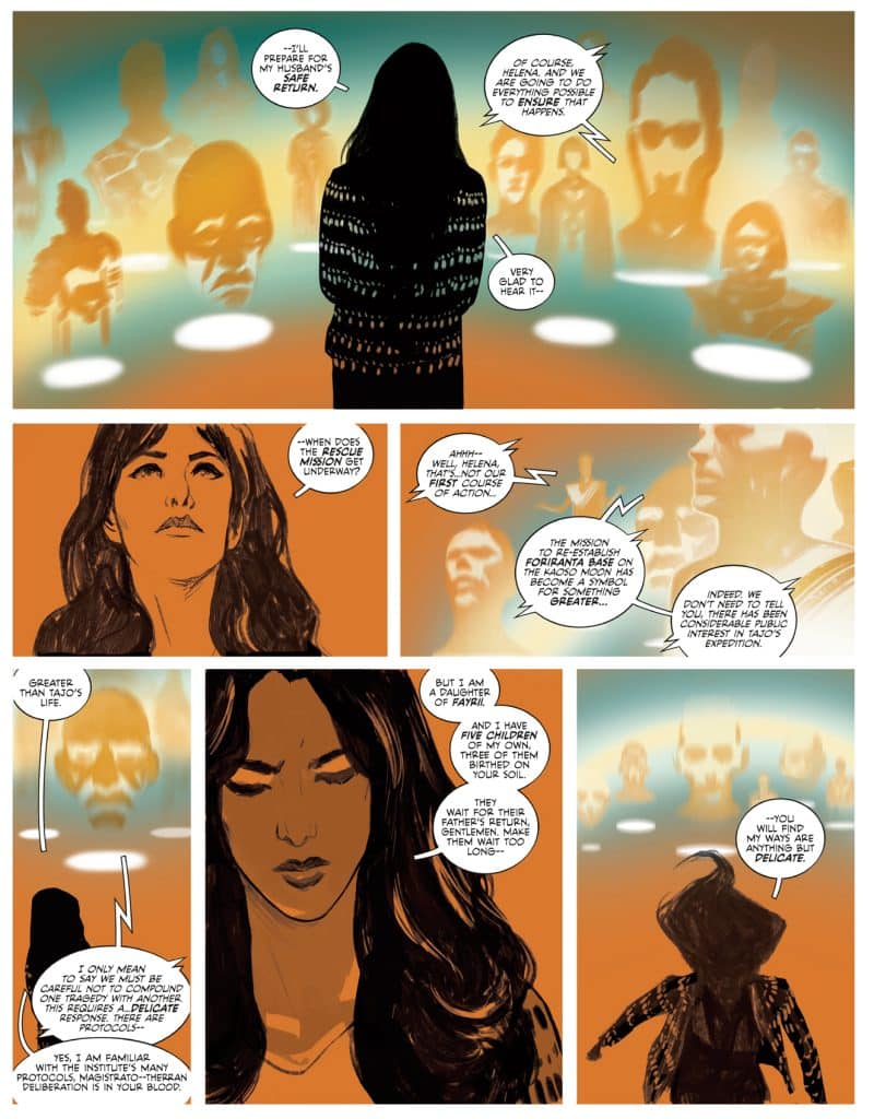 A woman stands facing a glowing backdrop with faint, ghost-like images of people, engaged in conversation about a rescue mission.