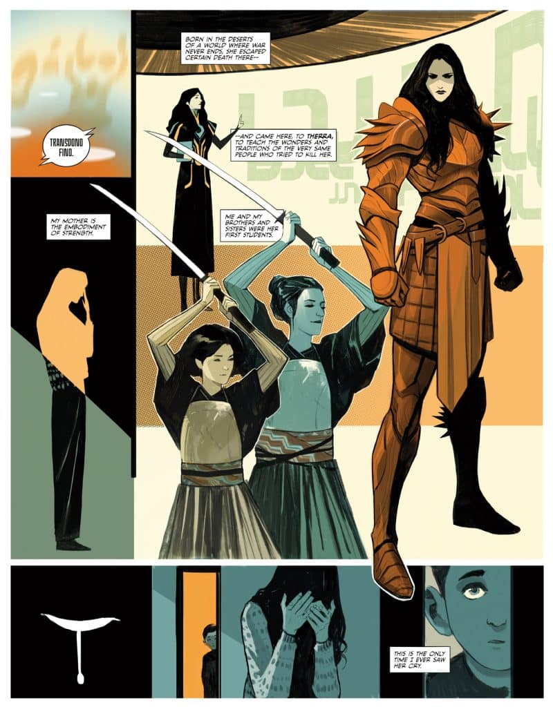 A comic panel depicting a heroic figure in armor with long dark hair, holding a sword, alongside two characters in traditional clothing. The first character holds a sword, while the second character looks on intently. The background features abstract shapes and text, hinting at a narrative about strength and resilience.