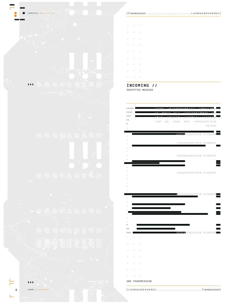 A graphic design representing an incoming encrypted message with abstract elements, lines, and digital noise. The layout includes sections indicating transmission status and various cryptic symbols, presented in a modern, minimalist style.