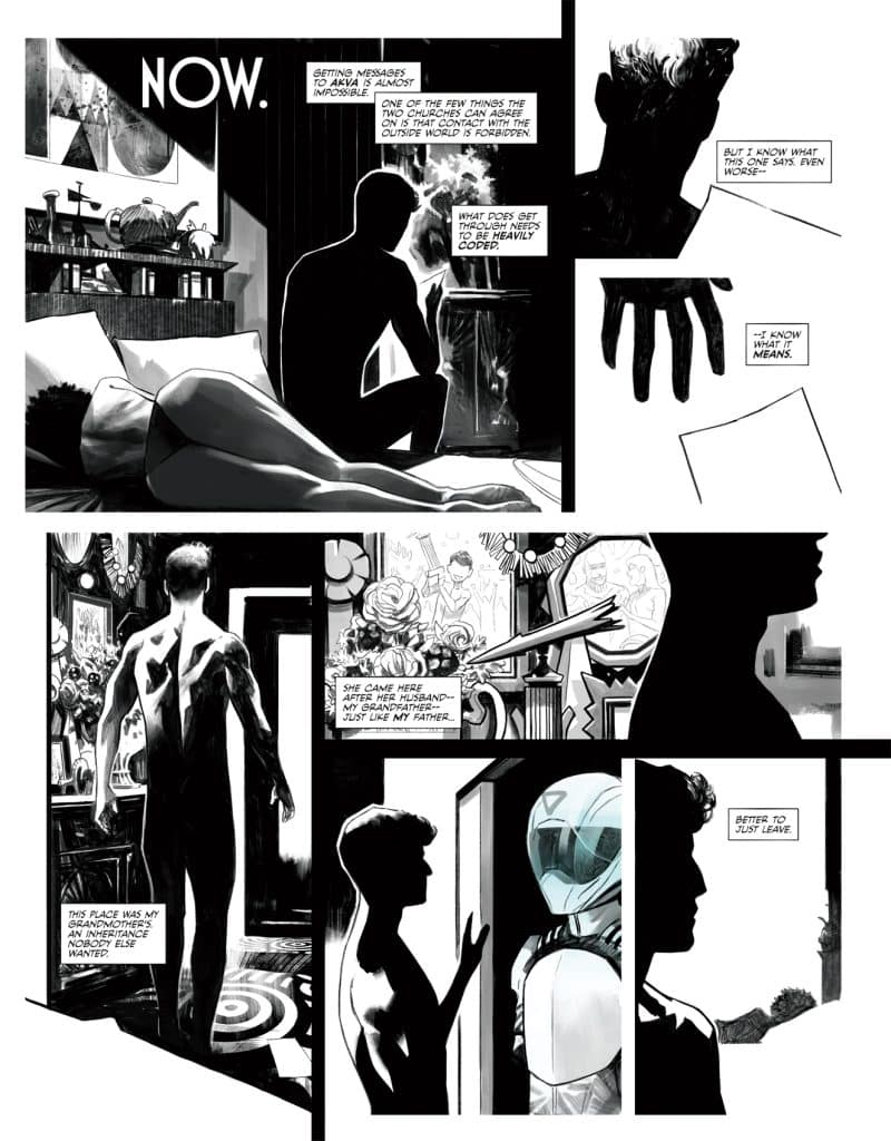 A black and white comic page featuring various illustrated panels. The main characters include a naked man sitting on the edge of a bed and another man dressed in a futuristic suit. Text bubbles reveal a conversation about forbidden communication and a family history.