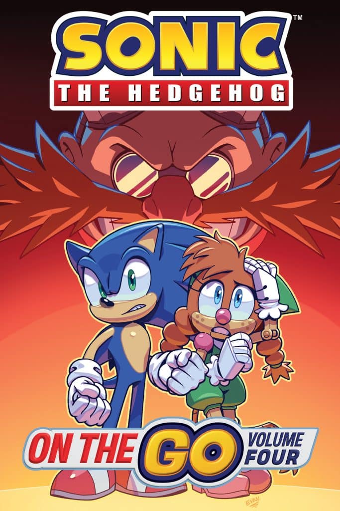 Cover art for 'Sonic the Hedgehog: On the Go Volume Four' featuring Sonic, Tails, and Dr. Eggman in a colorful animated style.