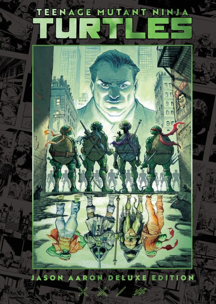 Cover of 'Teenage Mutant Ninja Turtles: Jason Aaron Deluxe Edition' featuring the turtles facing forward with a towering figure in the background, reflective water showing their reflections. The overall theme is comic-style art with a dark color palette.