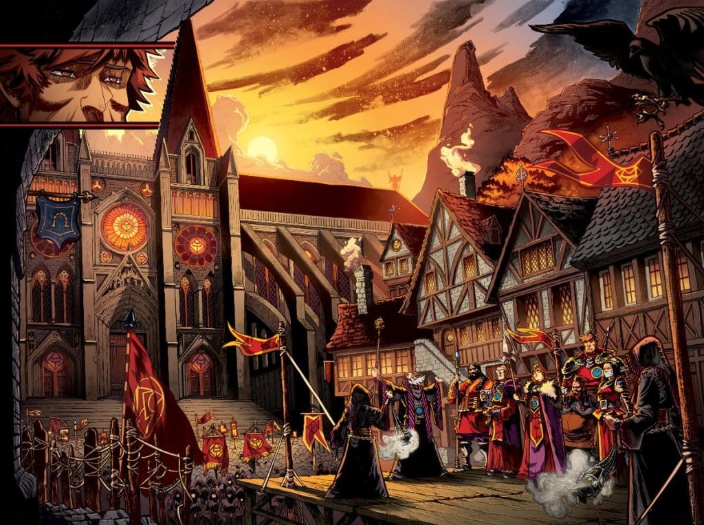 A dramatic sunset over a gothic city square filled with medieval buildings, featuring a grand cathedral with stained glass windows. In the foreground, a group of robed figures stands on a stage, holding banners, while townsfolk gather below. The scene conveys a sense of authority and ceremony.