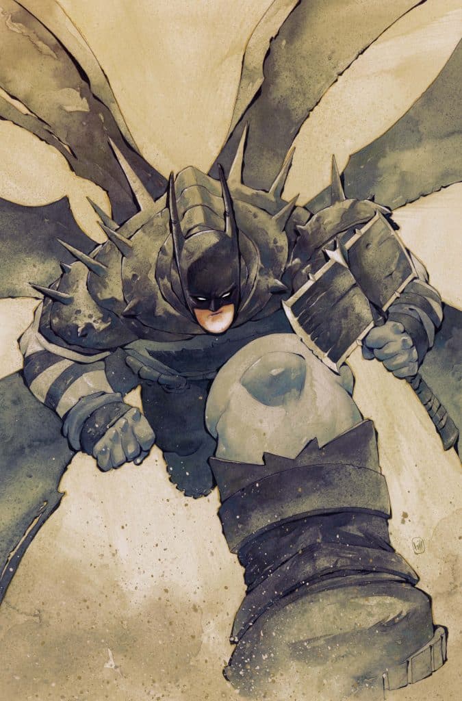 An artistic illustration of Batman in a dynamic pose, wearing an armored suit with spikes, preparing to confront a large, unseen adversary.