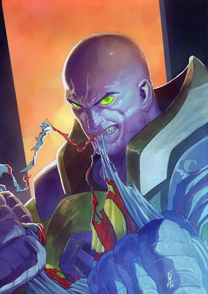 A menacing character with a bald head and glowing green eyes, tearing apart a piece of fabric with visible intensity and anger. The background shows an orange hue, suggesting a dramatic atmosphere.
