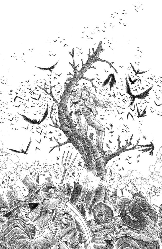 A scene depicting a chaotic gathering with a figure in a tree surrounded by fluttering birds, while a crowd below, wielding tools such as a pitchfork and scythe, looks on with expressions of anger and determination.