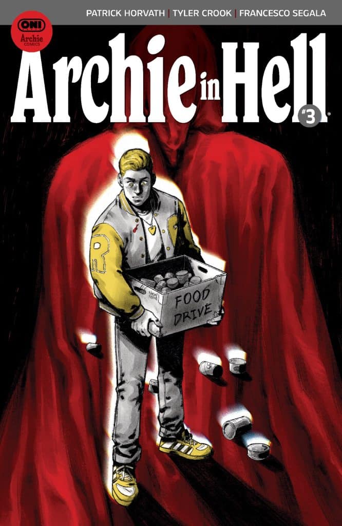 Cover of 'Archie in Hell' #3 featuring Archie holding a box labeled 'FOOD DRIVE' amidst a dark and eerie background with red curtains and scattered cans.