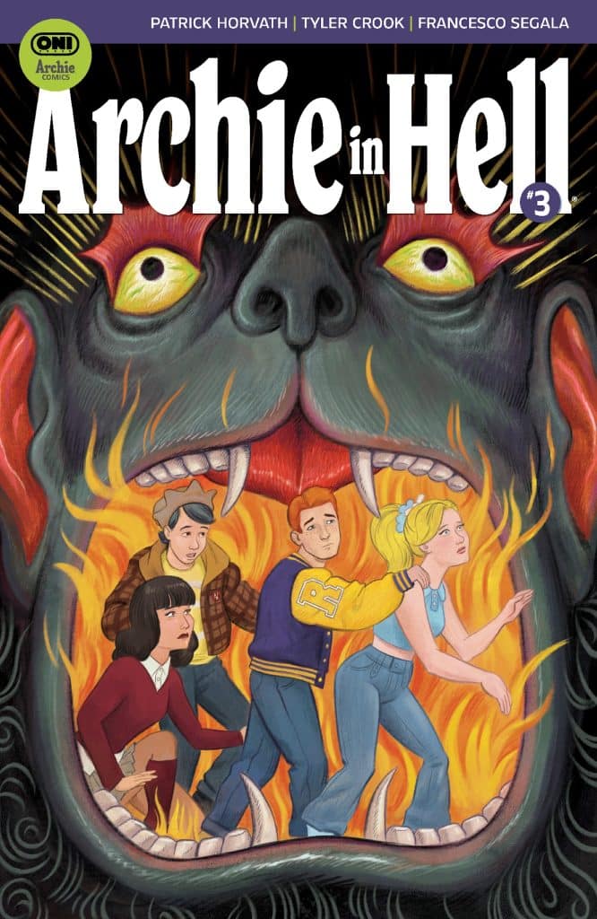 Comic book cover depicting characters from Archie Comics in a fiery setting inside a large monster's mouth, with Archie front and center alongside friends, showcasing themes of adventure and danger.