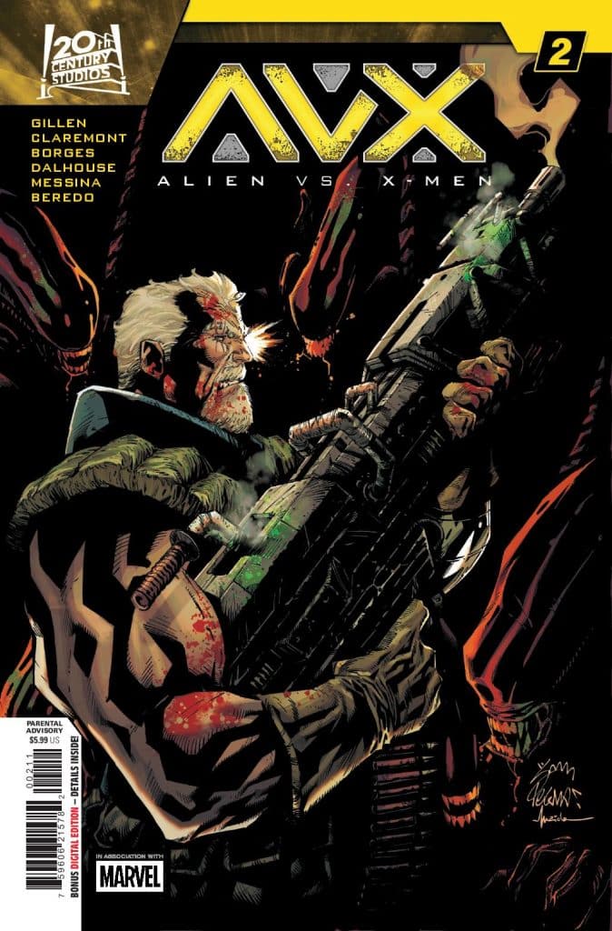 Cover of 'AVX: Alien vs. X-Men' comic issue 2, featuring a muscular character holding a weapon, with dark and dramatic artwork. The title is prominently displayed at the top.