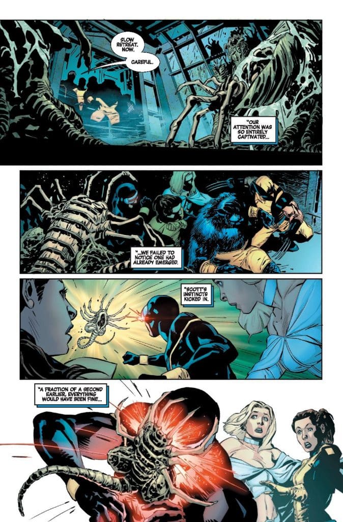 A comic book panel depicting characters in a dark, eerie setting. Several figures are seen in the background, while a creature with an elongated body and multiple appendages looms prominently in the foreground. Dialogue bubbles convey a tense conversation about retreating from the creature.
