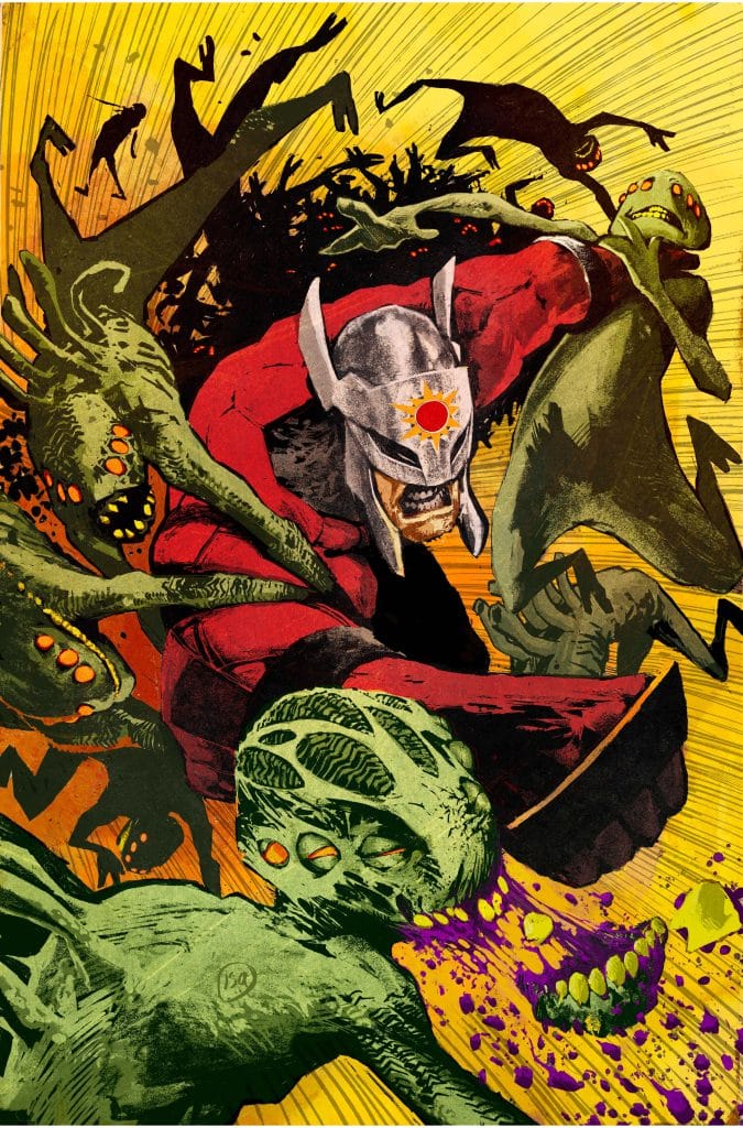 A dynamic comic book illustration featuring a muscular hero in a silver helmet and red costume, battling grotesque green creatures that are reaching out toward him. The background radiates intense yellow and orange hues, enhancing the chaotic scene.