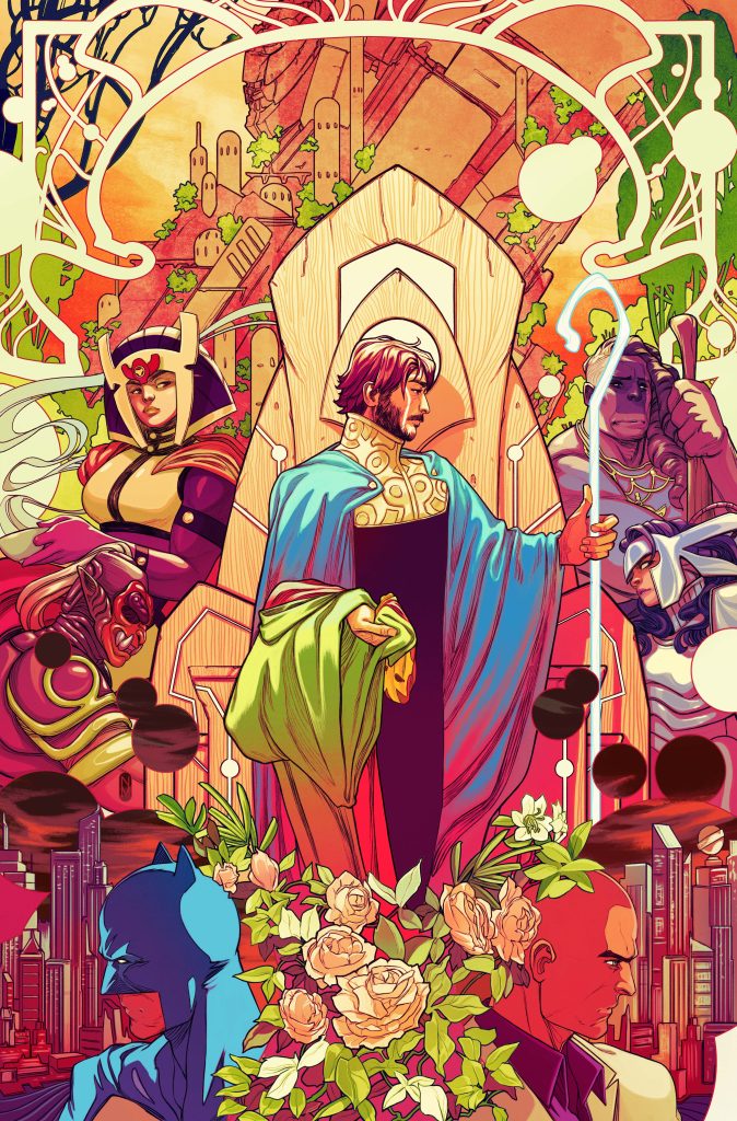 A colorful comic book illustration featuring a diverse group of characters, including a woman in a warrior costume, a central figure in regal attire holding a staff, and a superhero resembling Batman. The background includes stylized buildings and floral elements.