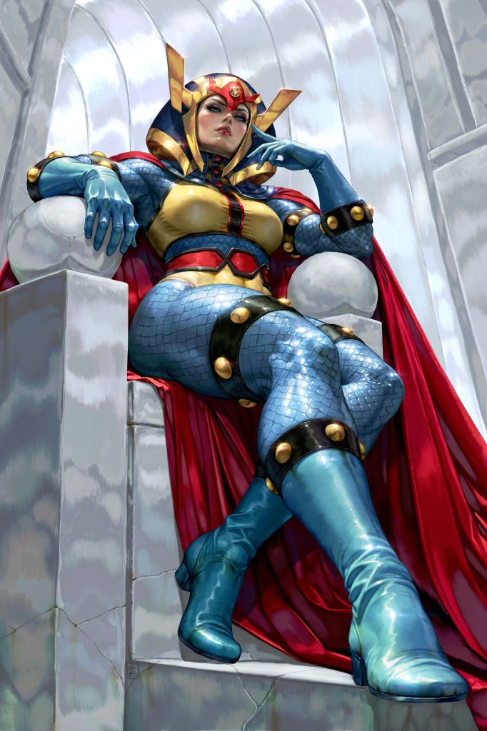 A confident superheroine sitting on a throne, wearing a colorful costume with blue boots, and a flowing red cape, portraying a powerful and regal presence.