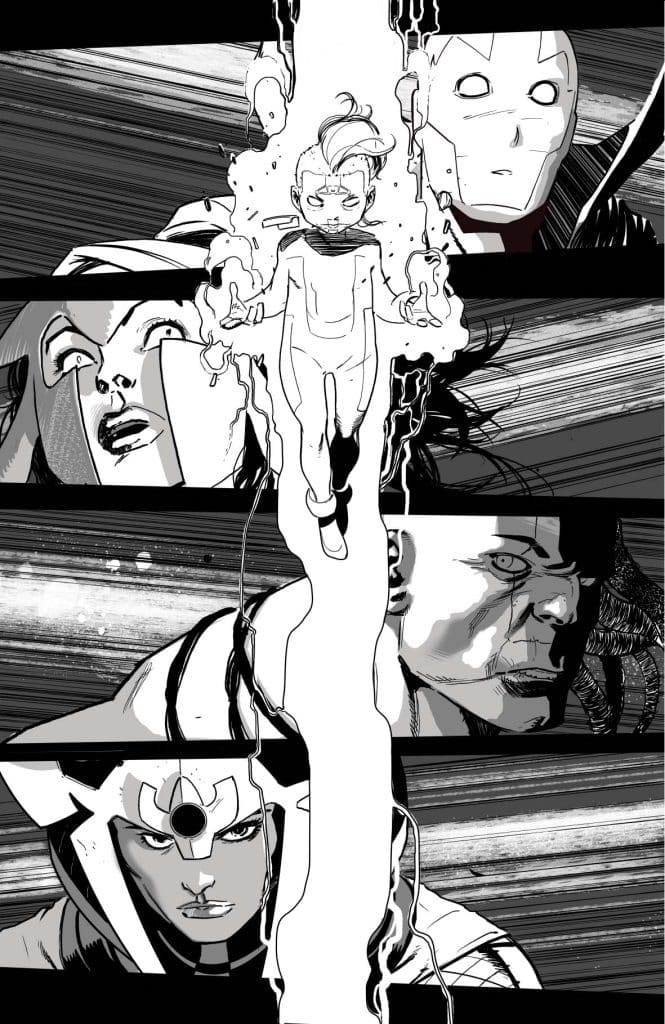 A comic-style illustration featuring a central figure with flowing energy, surrounded by expressive faces of various characters showing surprise and intensity.