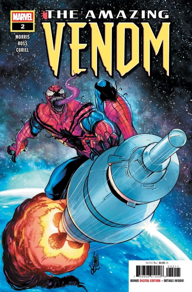 Cover of 'The Amazing Venom' comic book featuring Venom in a dynamic pose, launching from a massive rocket, with a cosmic background filled with stars.