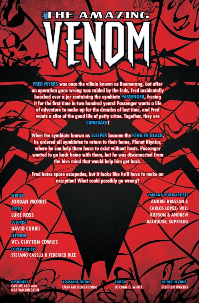 Comic book cover for 'The Amazing Venom' featuring a character named Fred Myers, previously known as Boomerang, and the symbiote Passenger. The cover includes character details, creators' credits, and highlights a storyline involving space escapades.
