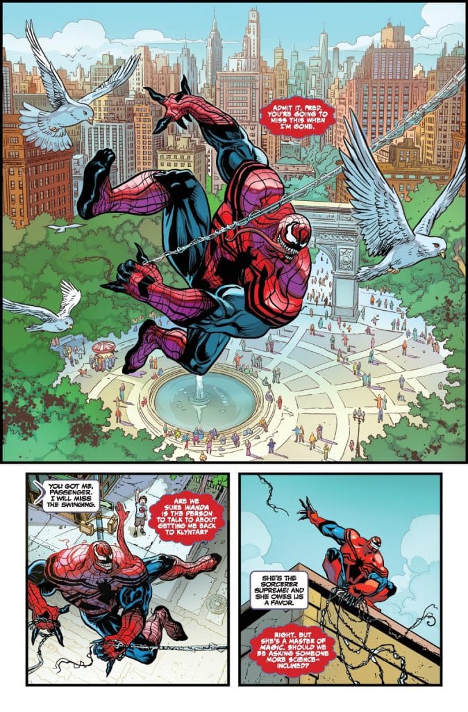 A comic book scene featuring two characters in superhero costumes swinging through a city park, with skyscrapers in the background. One character is talking while the other is hanging onto a web. There are several people and birds in the park around a fountain.