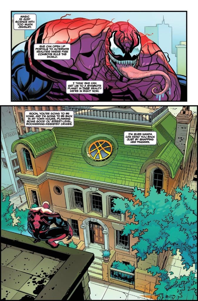 A comic book panel featuring a muscular character with a red and purple symbiotic design, resembling Carnage from Marvel Comics. He is speaking about alternate realities while sitting on a rooftop. Below, there is a detailed view of a green-roofed building with a round window, framed by trees.