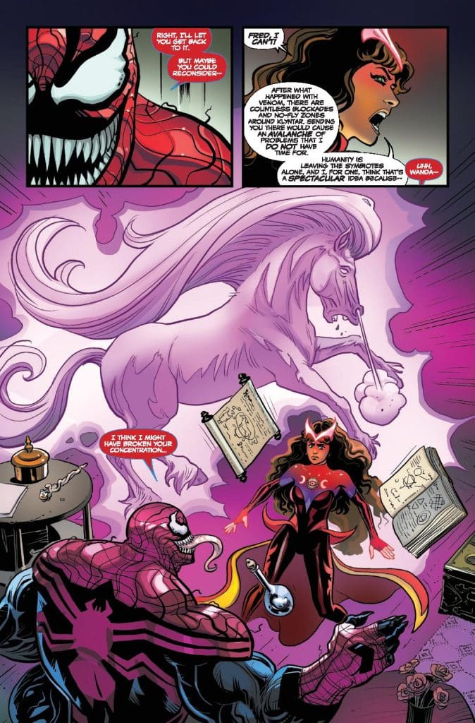 A comic book panel featuring Spider-Man and a female character discussing a serious topic. The female character, dressed in a red costume, appears frustrated while Spider-Man, with a venomous look, listens. A mystical unicorn is depicted in the background along with various objects like books and a vase.
