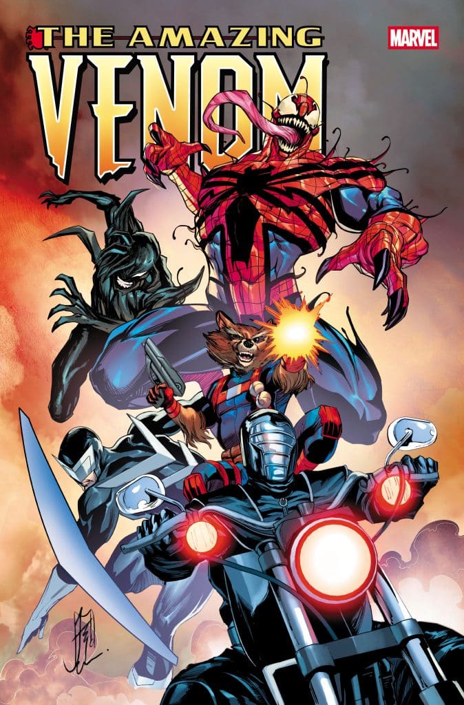 Comic book cover featuring the character Venom, with Spider-Man, Rocket Raccoon, and a character on a motorcycle, all in dynamic poses against a vibrant background.