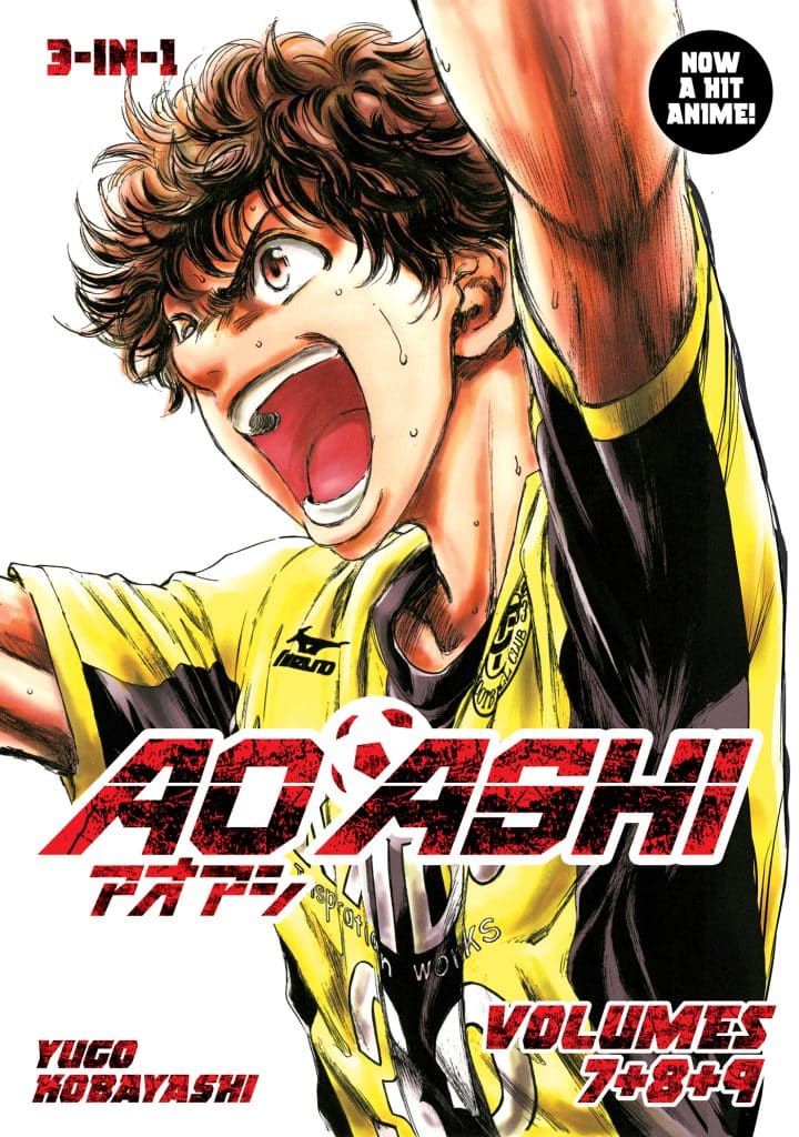 Cover of the manga 'Ao Ashi' featuring a young male character in a yellow sports jersey with an enthusiastic expression, shouting with raised arms. The design includes the text '3-IN-1', 'NOW A HIT ANIME!', and the author's name 'Yugo Kobayashi'.