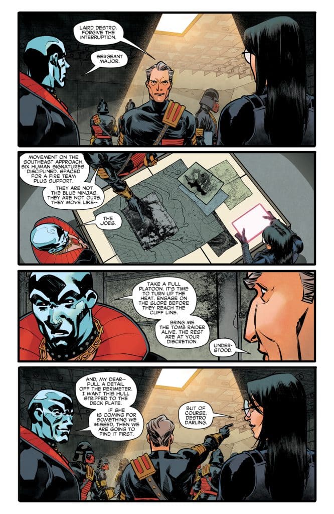 A comic book panel featuring a group of military personnel in tactical gear, discussing a strategic plan. Central characters include a blue-skinned man and a serious-looking officer in formal attire, with others in the background. They are examining maps and making tactical decisions about an upcoming mission.