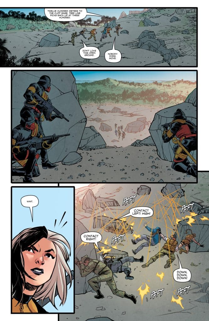 A comic book page depicting a tense battle scene with characters navigating rocky terrain. One character, with distinctive hair, is warning others about enemy contacts while others take cover. Action lines illustrate gunfire in multiple directions.