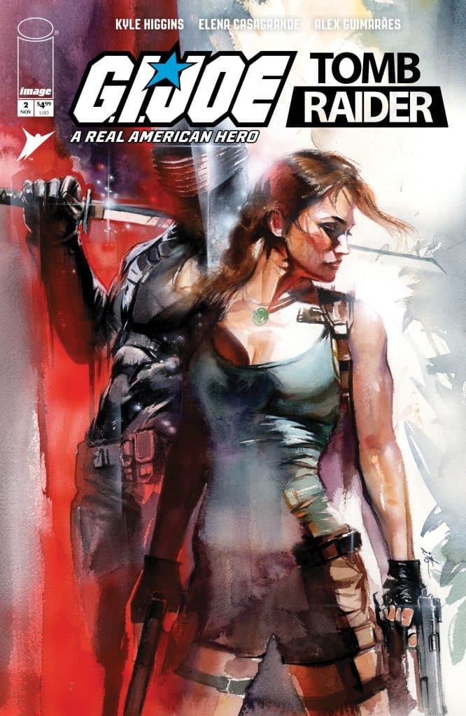 Cover art of the comic book 'G.I. Joe: Tomb Raider' featuring a female character holding two guns, with a shadowy figure in the background.