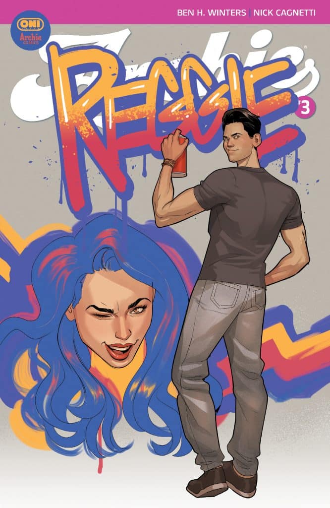 Cover art for the comic 'Reggie' issue 3, featuring a young man holding a spray can and a large illustration of a woman with blue hair making a playful expression in the background.