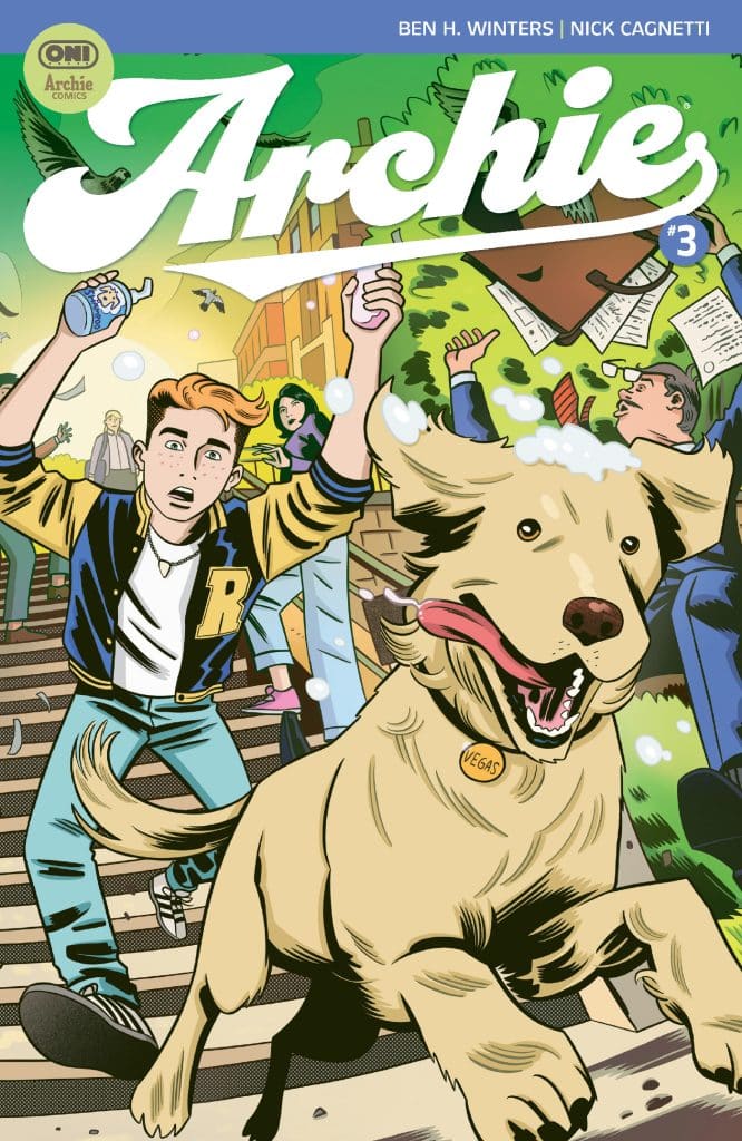 A colorful comic book cover featuring Archie running down a staircase with a excited dog labeled 'Vegas'. Birds are flying around and people are reacting in the background.