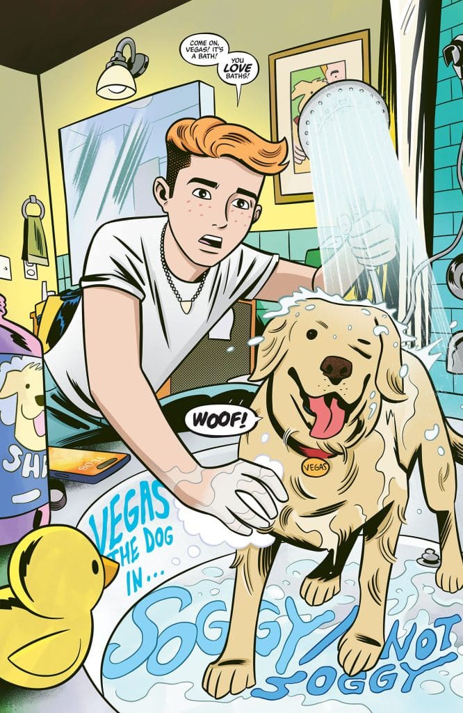 A cartoon illustration of a young person giving a golden retriever named Vegas a bath in a bathroom with a shower running, surrounded by dog bath products and a rubber duck.