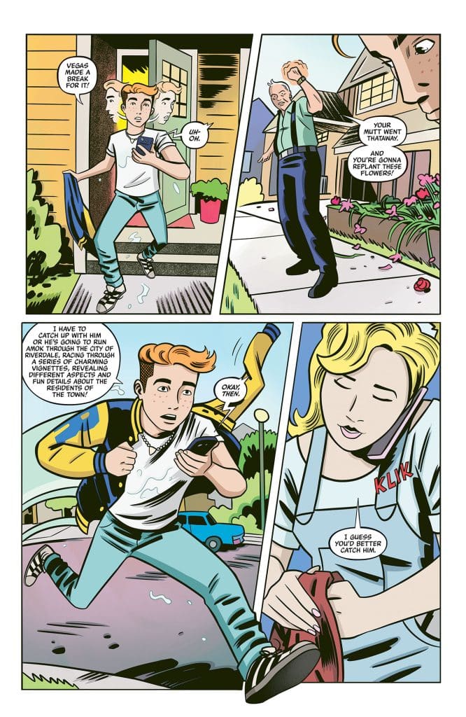 A comic-style illustration featuring a young man with blonde hair, wearing a casual outfit, looking surprised as he stands at a door holding a phone. An older man outside gestures towards a garden while scolding the young man about a pet that has gone astray. In another panel, a young woman on the phone advises the young man to catch the pet.