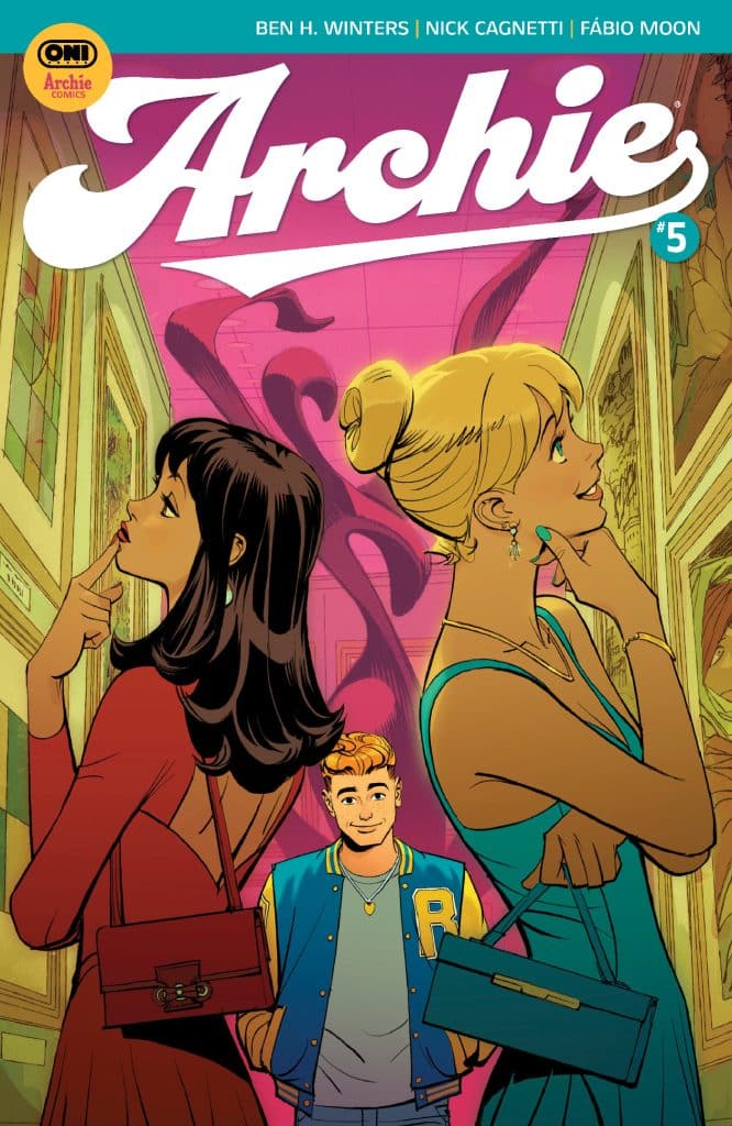 Comic book cover featuring Archie and two women, one with dark hair and one with blonde hair, both holding handbags and looking at art in a gallery.
