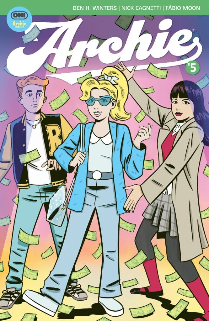 Cover of Archie comic issue #5 featuring three characters: a young man in a letterman jacket, a blonde girl with sunglasses, and a girl in a plaid skirt. They are surrounded by money and posed in a playful manner.