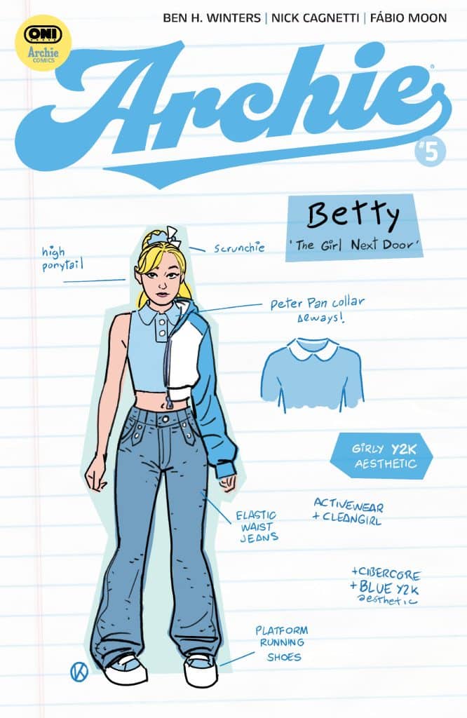 A comic book cover featuring a character named Betty illustrated in a stylish, girly Y2K aesthetic. She has a high ponytail and is wearing a blue cropped hoodie, elastic waist jeans, and platform running shoes. Descriptive text highlights her accessories like a scrunchie and Peter Pan collar. The background resembles lined notebook paper.