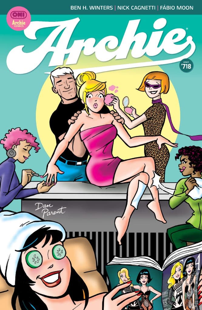 Cover of Archie Comics issue #718 featuring multiple characters in a fun, playful scene. The main character, a blonde girl in a pink dress, is sitting on a chair while another character is applying makeup. Other characters are engaging and interacting around them, showcasing a vibrant and lively atmosphere.