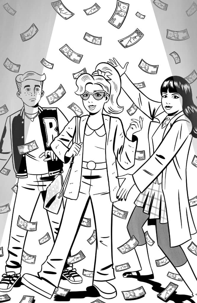 Three characters stand in a spotlight with money raining down around them, one male character looks surprised, while two female characters appear excited.