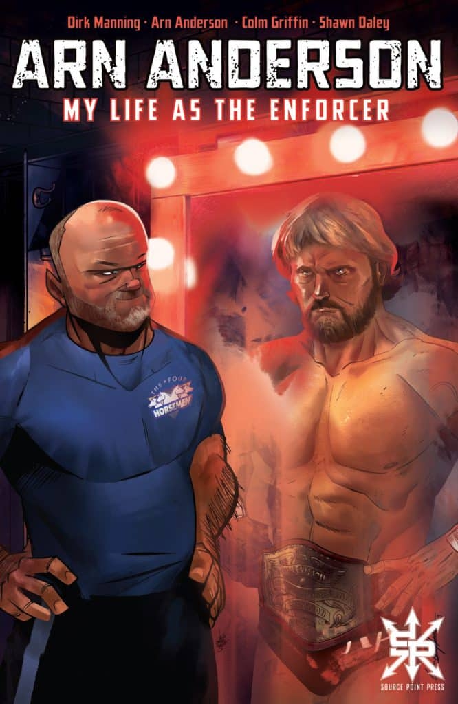 Cover illustration for 'Arn Anderson: My Life as the Enforcer,' featuring two characters, one in a blue shirt representing a wrestling persona and the other in a championship belt, set against a vibrant background with lights.
