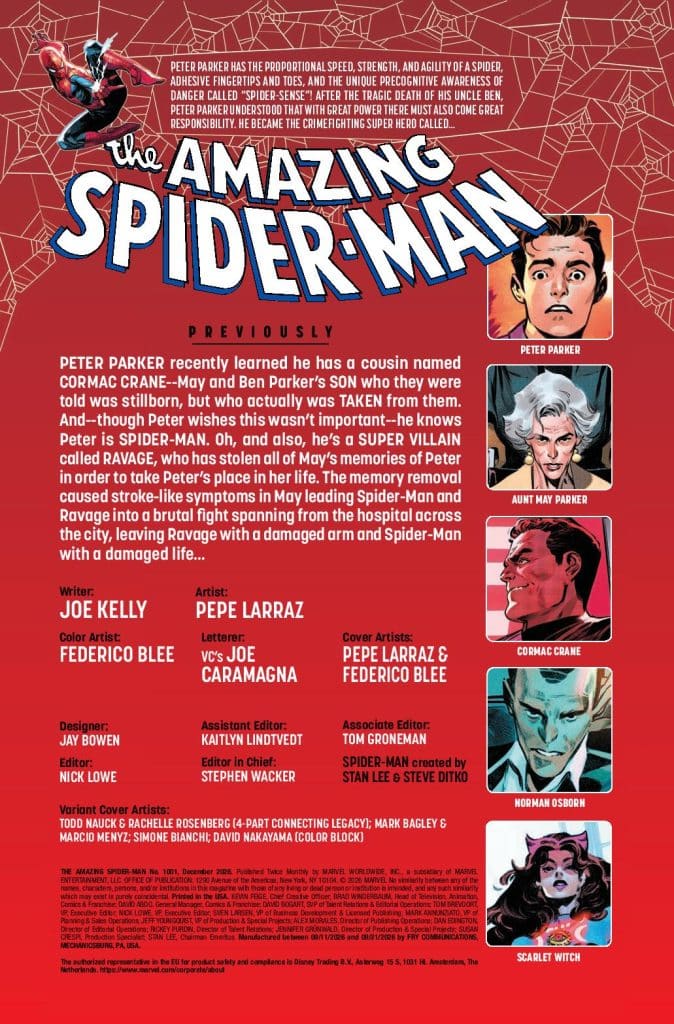 A comic book cover for 'The Amazing Spider-Man' featuring Peter Parker, Aunt May, Cormac Crane, Norman Osborn, and Scarlet Witch, along with text summarizing the plot and credits for the creative team.