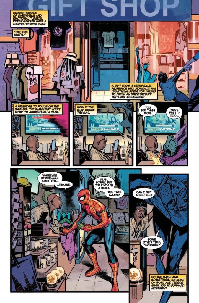 A comic book page depicting Spider-Man in a gift shop, interacting with a shopkeeper while discussing a writing assignment. Various merchandise is displayed in the background, including shirts and mugs, along with a screen showing Spider-Man's activities.