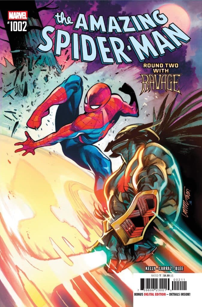 Comic book cover featuring Spider-Man in action against the character Ravage. The title reads 'The Amazing Spider-Man #1002' with a colorful and dynamic background.