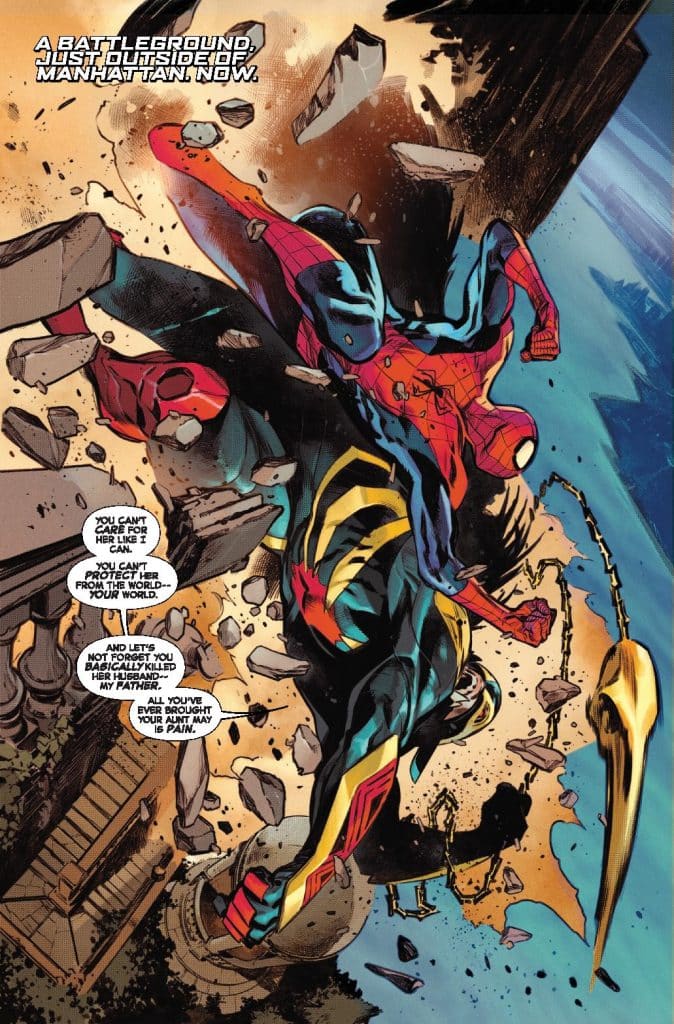 A comic book scene depicting a battle between two characters, Spider-Man and another superhero, against a backdrop of debris and destruction, with dynamic poses and intense expressions.