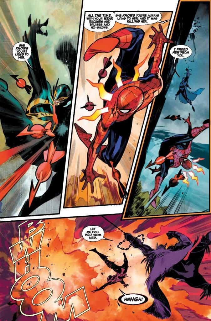 A dynamic comic book scene featuring Spider-Man in action, communicating with another character. He is depicted swinging through the air, confronted by a menacing figure nearby. The background shows explosive elements, emphasizing the intensity of the confrontation.