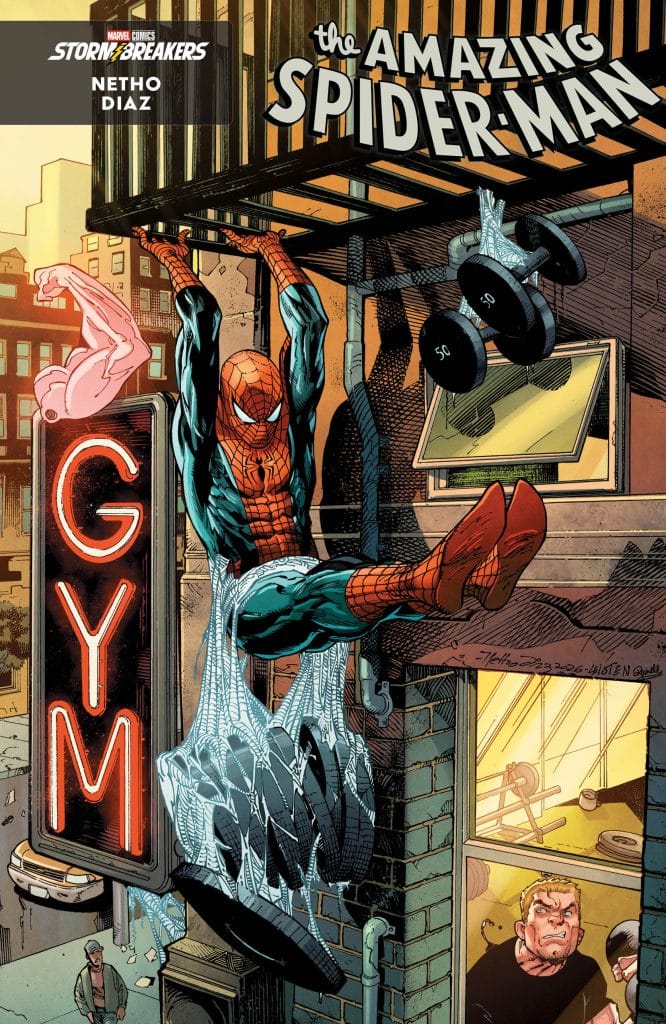 Spider-Man hanging from a gym sign, webbing attached, with weights in the background and a surprised character watching from inside.