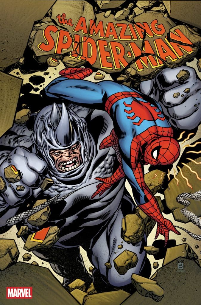 A comic book cover featuring Spider-Man battling a towering villain amidst flying debris and rubble, with the title 'The Amazing Spider-Man' prominently displayed.