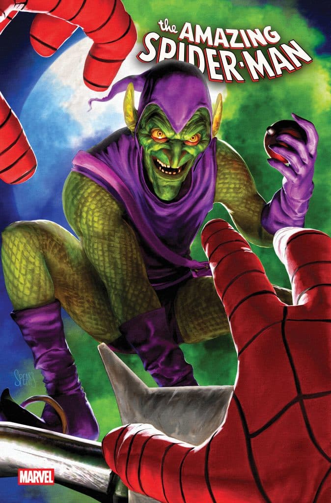 A comic book cover featuring the Green Goblin, a supervillain, grinning menacingly while holding a pumpkin bomb. Spider-Man's hand is reaching out towards him, showcasing his red and black web-patterned costume. The background features a green and blue gradient with the title 'The Amazing Spider-Man' prominently displayed.