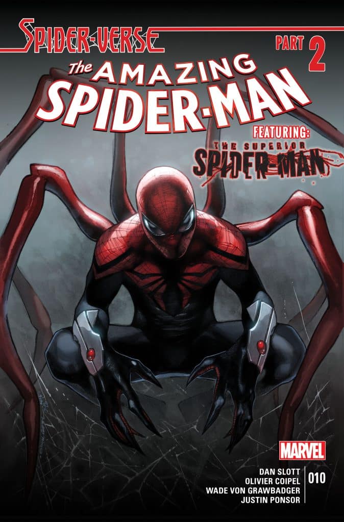 Cover illustration of 'The Amazing Spider-Man: Spider-Verse Part 2', featuring a superhero in a red and black costume with large spider-like arms, set against a dark background with a web design.